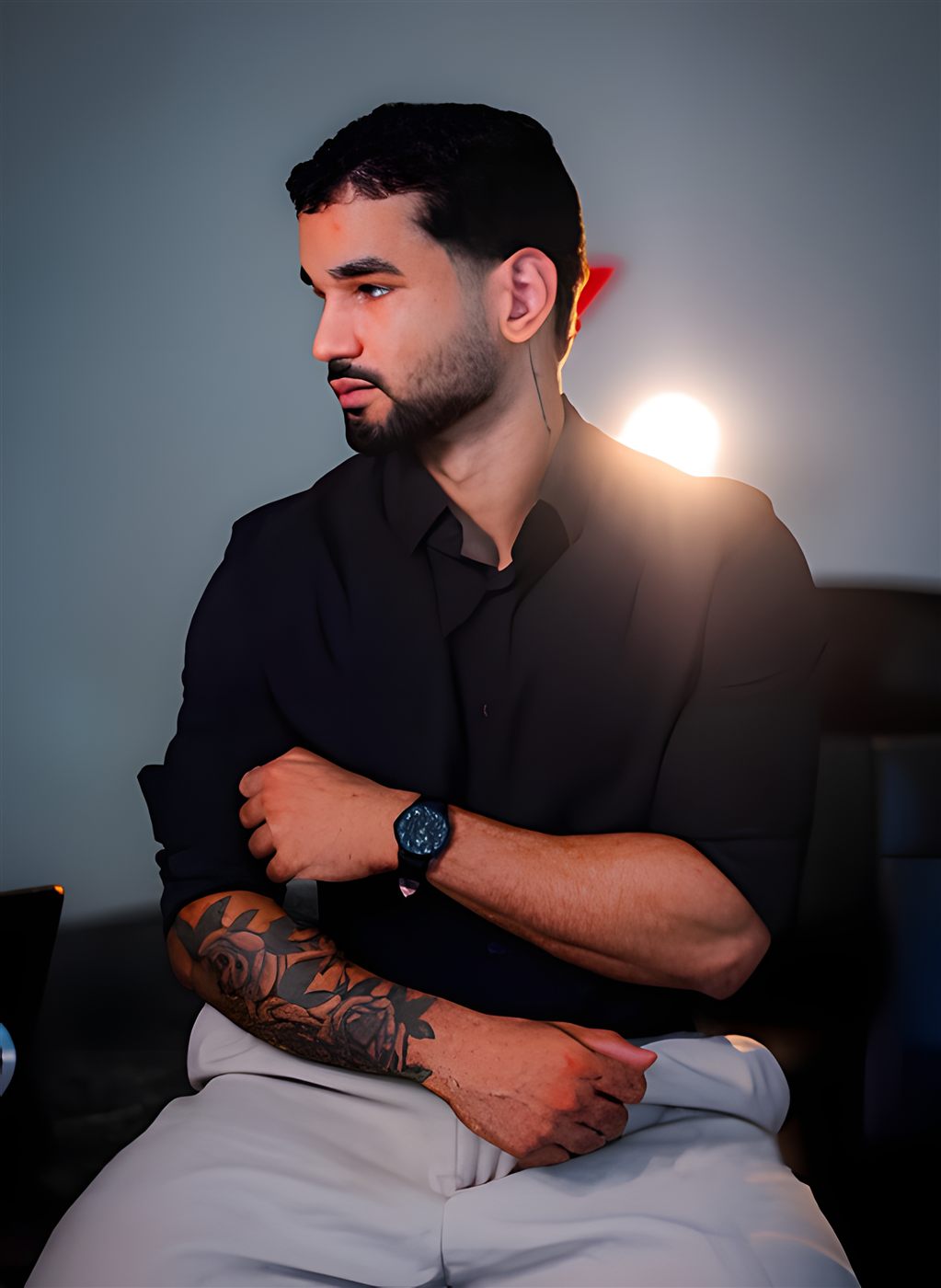 Retrato masculino com tatuagem no braço