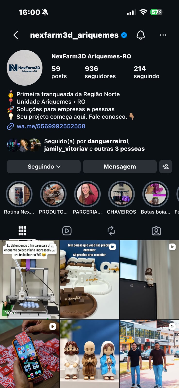Perfil do Instagram da NexFarm3D Ariquemes