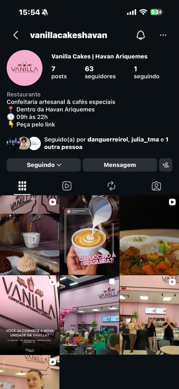 Perfil do Instagram da Vanilla Cakes Havan